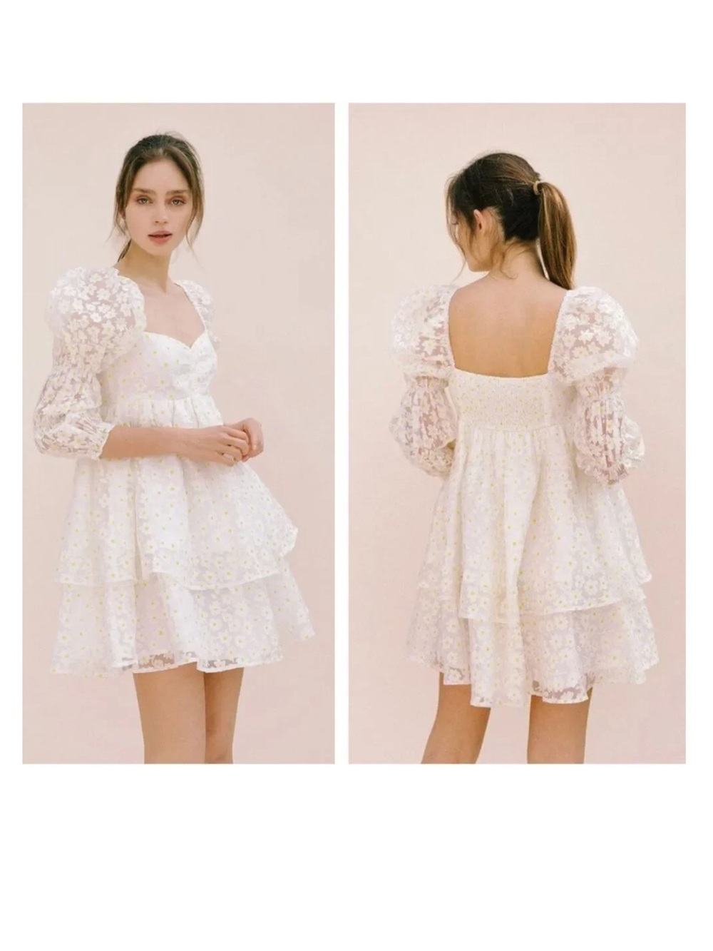 Storia White Puff-Sleeve daisy Tiered Eyelet Mini Dress